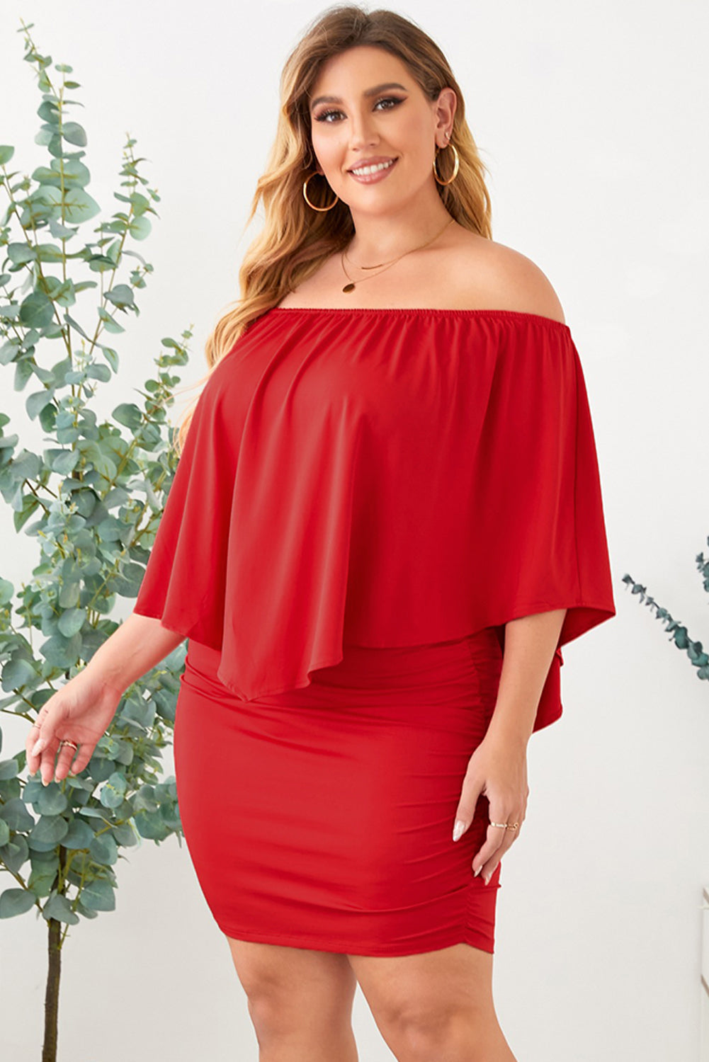 Plus size  Dressing Layered Fiery Red Mini Poncho Dress