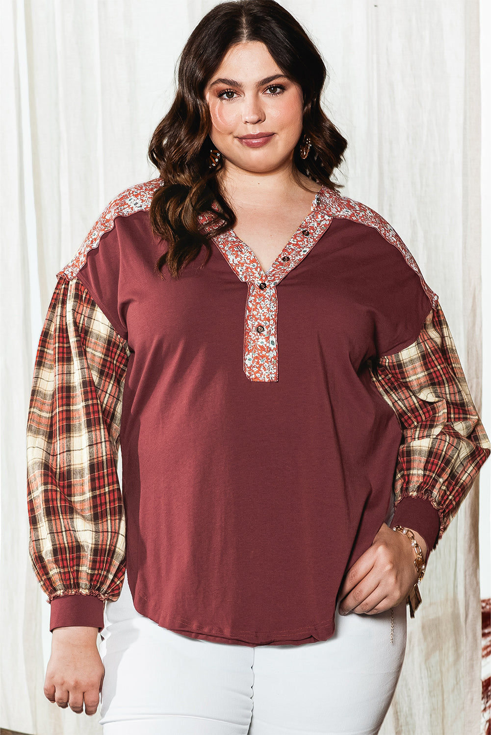 Red Dahlia Mixed Print Half Buttons Plus Size Pullover Top