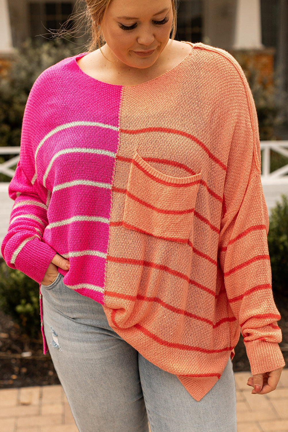 Yellow Plus Size Color Block Striped Patchwork Knit Sweater