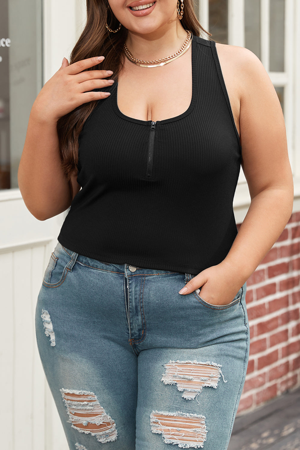 Black Plus Size Zipper Front Racerback Ribbed Tank Top