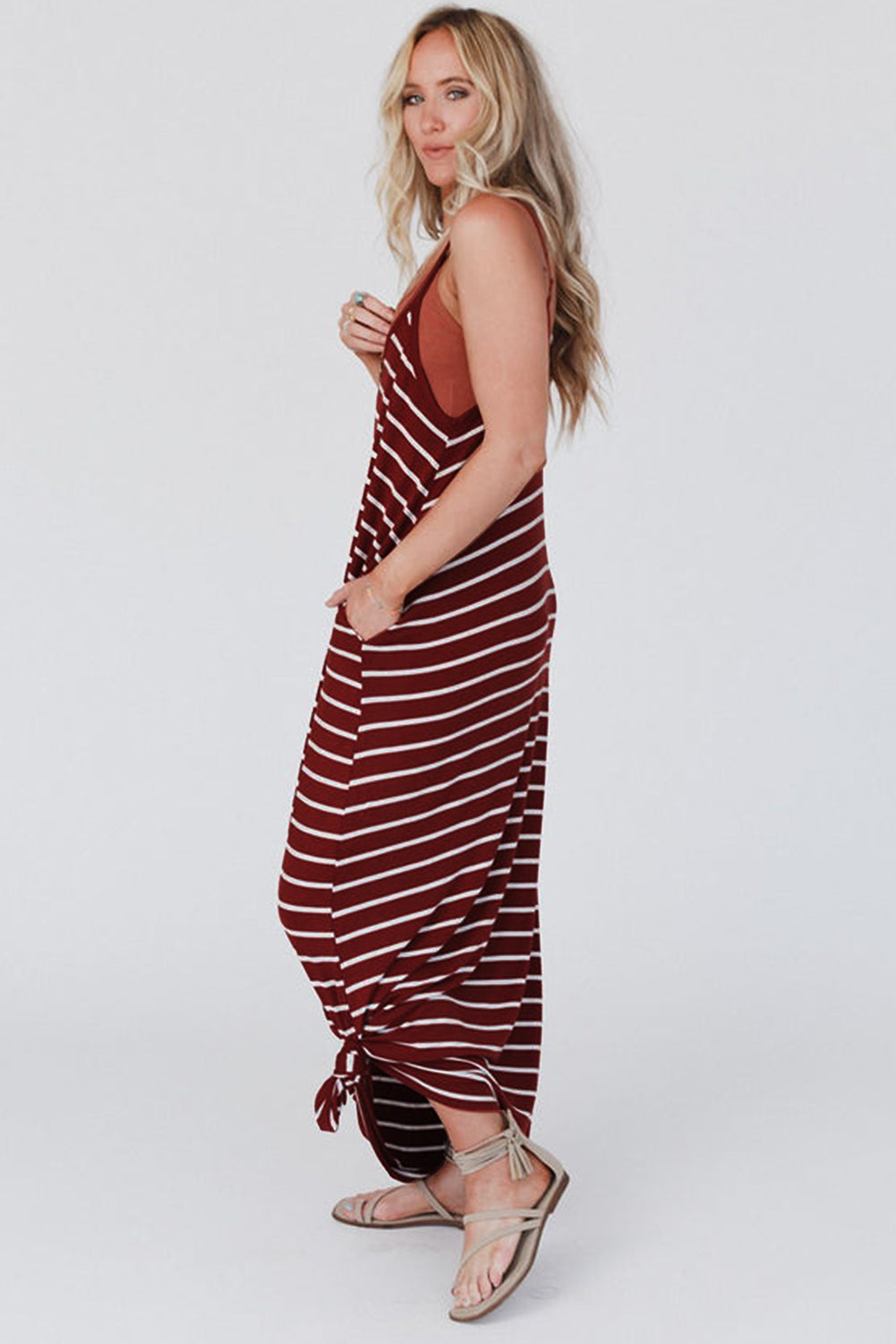 Red Stripe Side Pockets Spaghetti Straps Maxi Dress