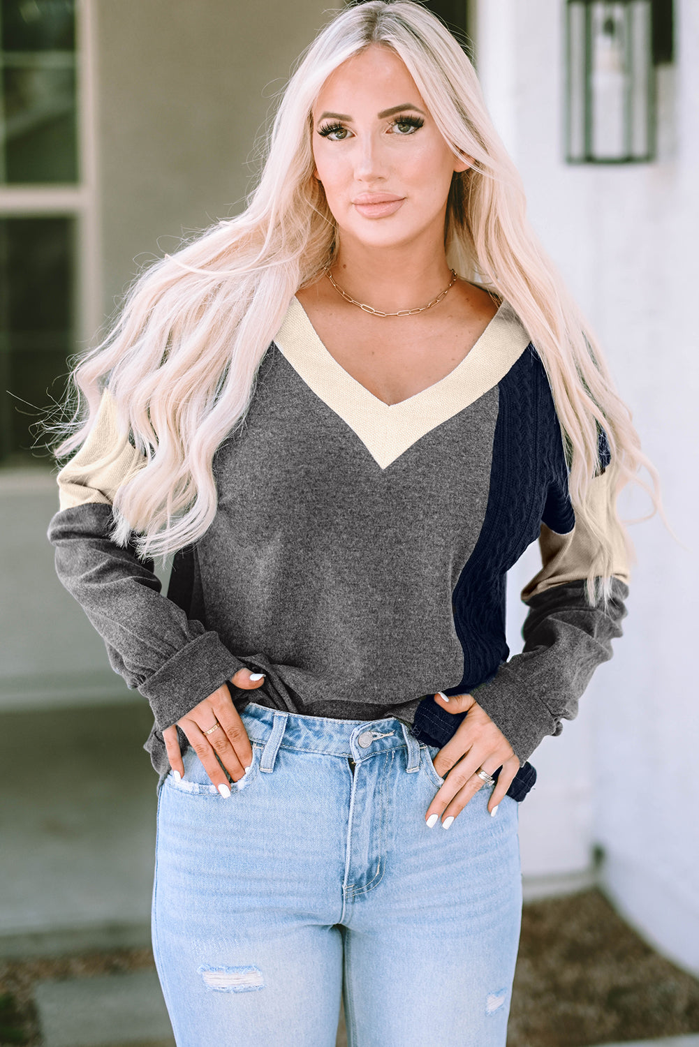 Black Brushed Contrast Knit V Neck Colorblock Long Sleeve Top