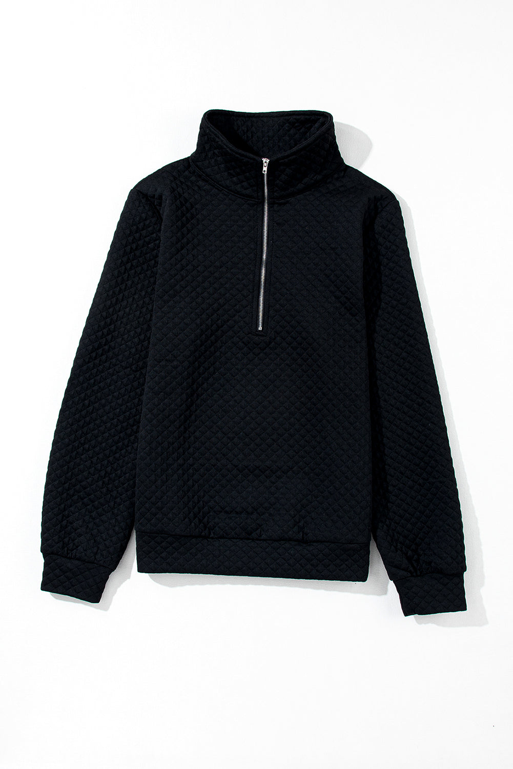 Black Solid Half Zipper Quilted Pullover Sweatshirt