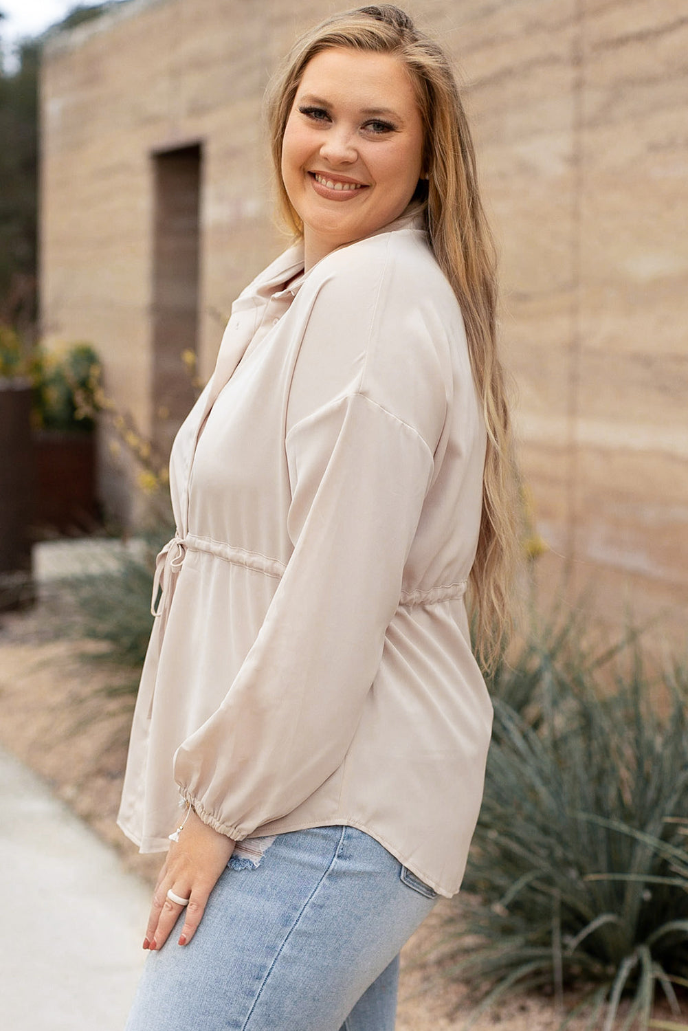 Light French Beige Plus Size Puff Sleeve Tied Tunic Shirt