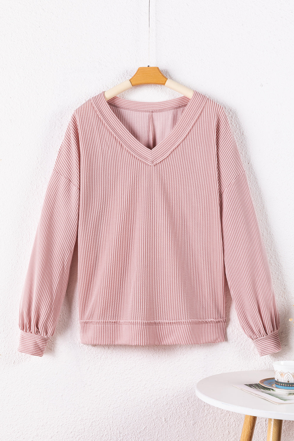 Peach Blossom Loose V Neck Bubble Sleeve Knit Ribbed Top