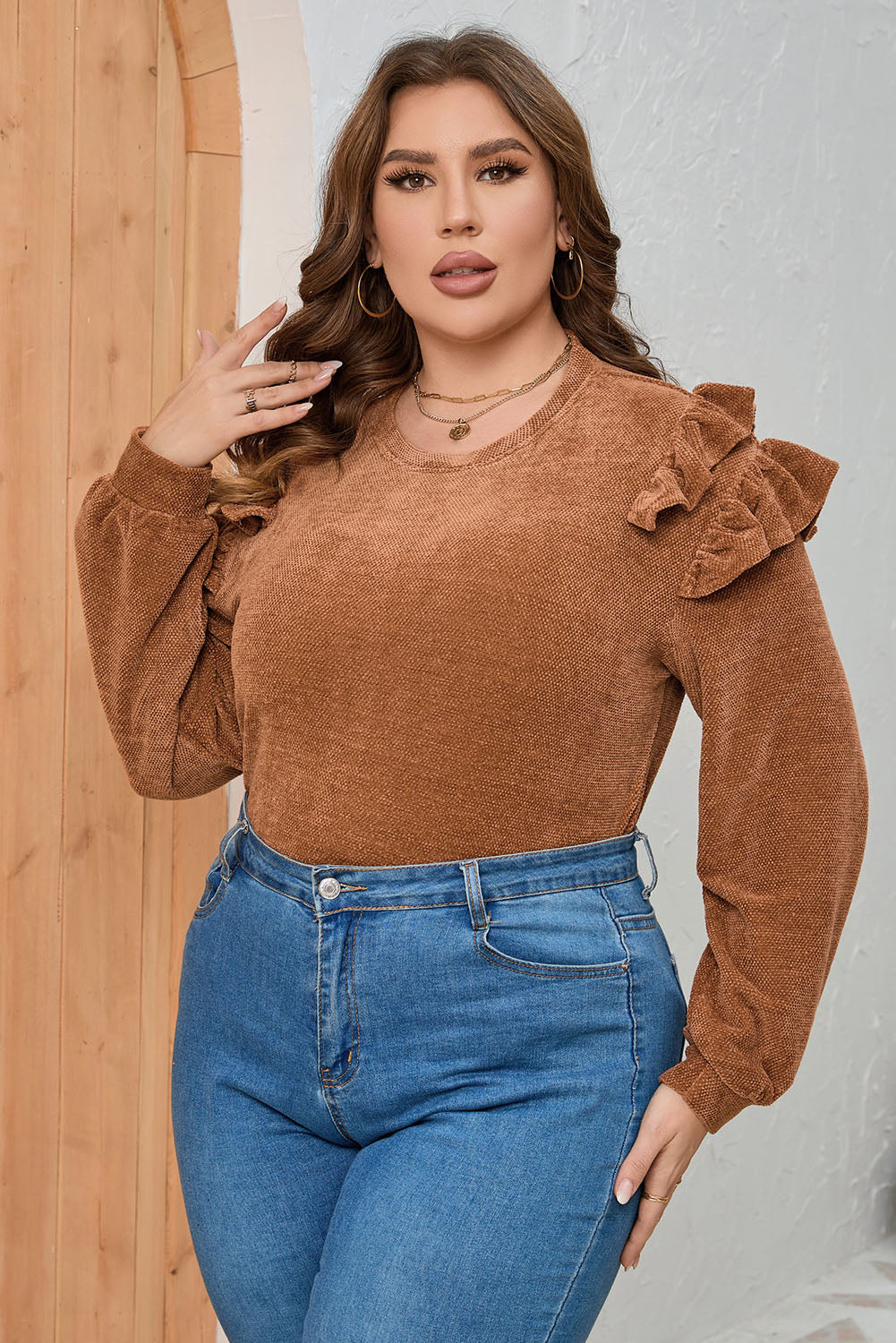 Brown Plus Size Solid Ruffled Tiered Long Sleeve Top