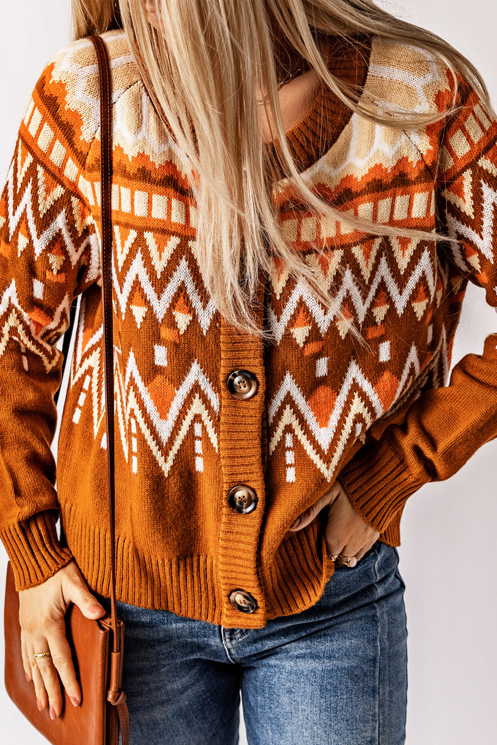 Brown Geometric Pattern Buttoned Knit Cardigan