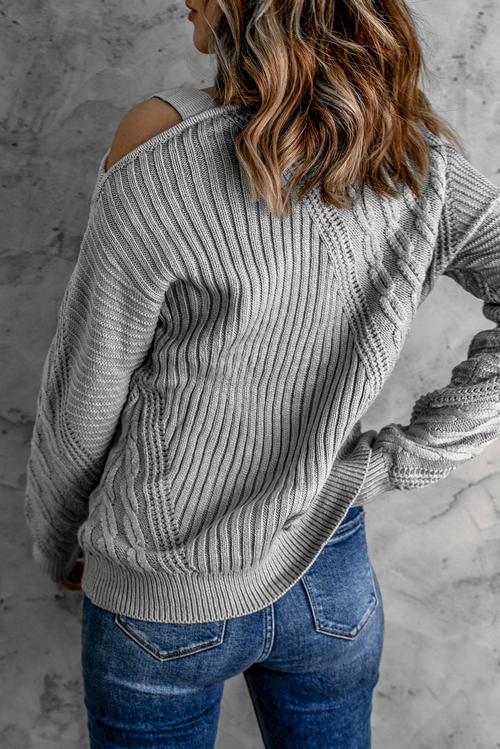 Gray Strapped Cut out Shoulder Turtleneck Sweater