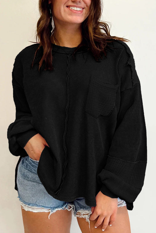 Black Plus Size Exposed Seam Crinkle Patchwork Top