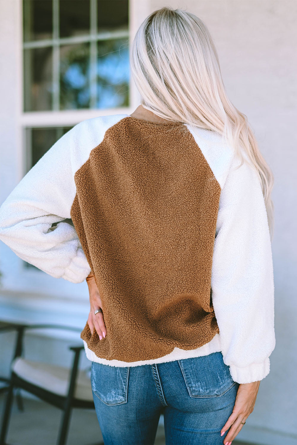 Brown Contrast White Sleeve Snap Button Sherpa Jacket