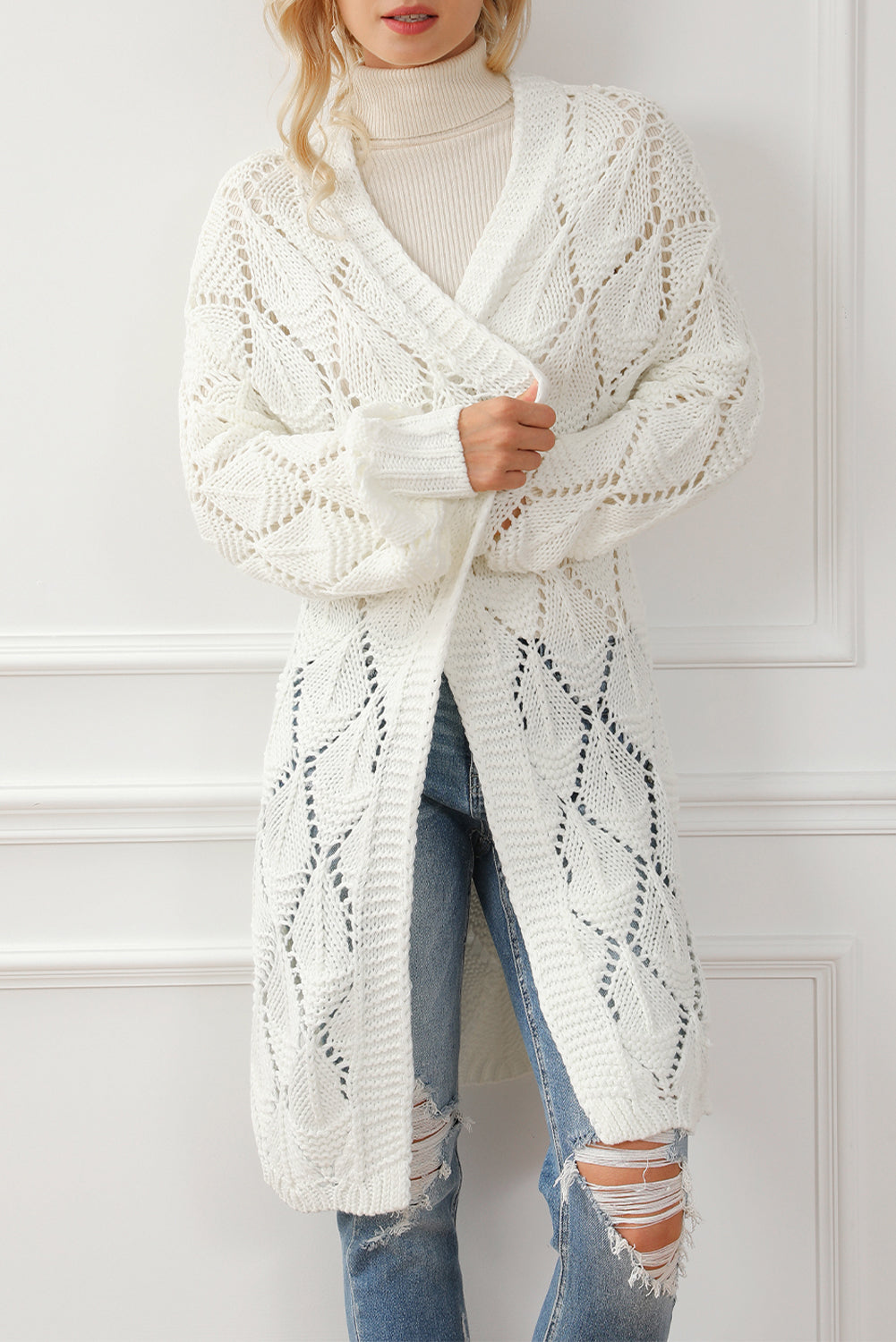 White Rhombus Hollowed Knit Open Front Cardigan Emmeline s Fashion