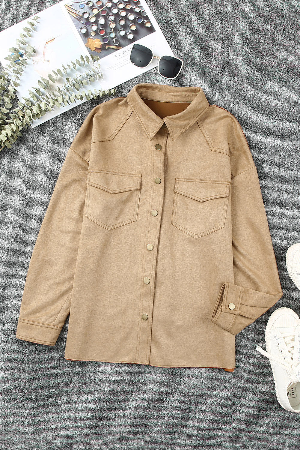 Khaki Snap Button Up Suede Jacket