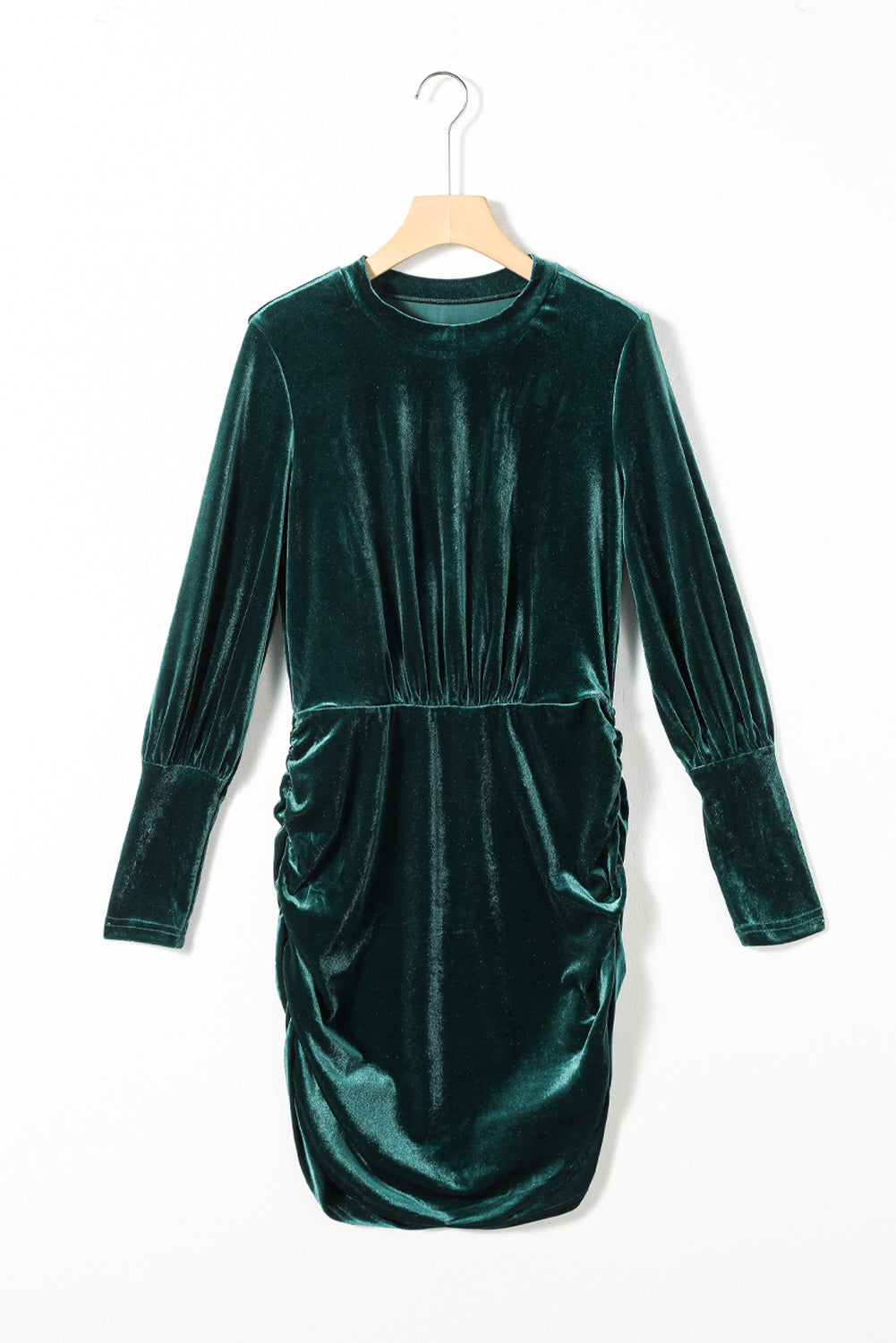 Green Velvet Puff Sleeve Ruched Bodycon Dress