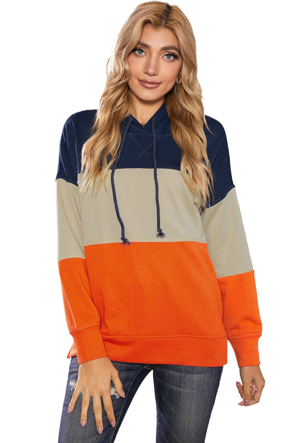 Orange Drawstring Color Block Stripe Casual Hoodie