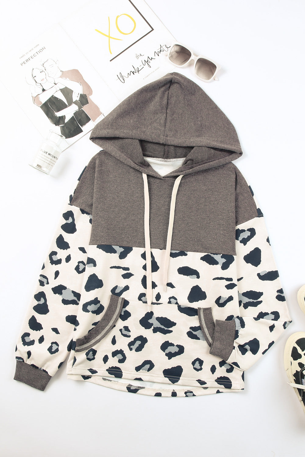 Leopard Print Color Block Pocketed Drawstring Hoodie