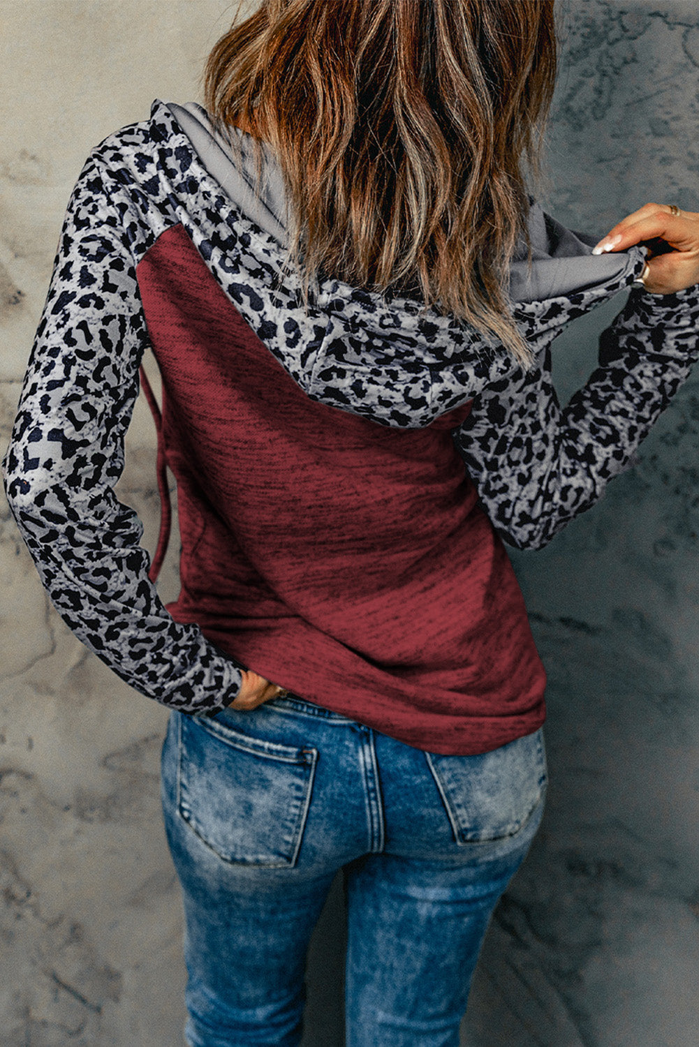 Color Block Leopard Long Sleeves Wine Hoodie