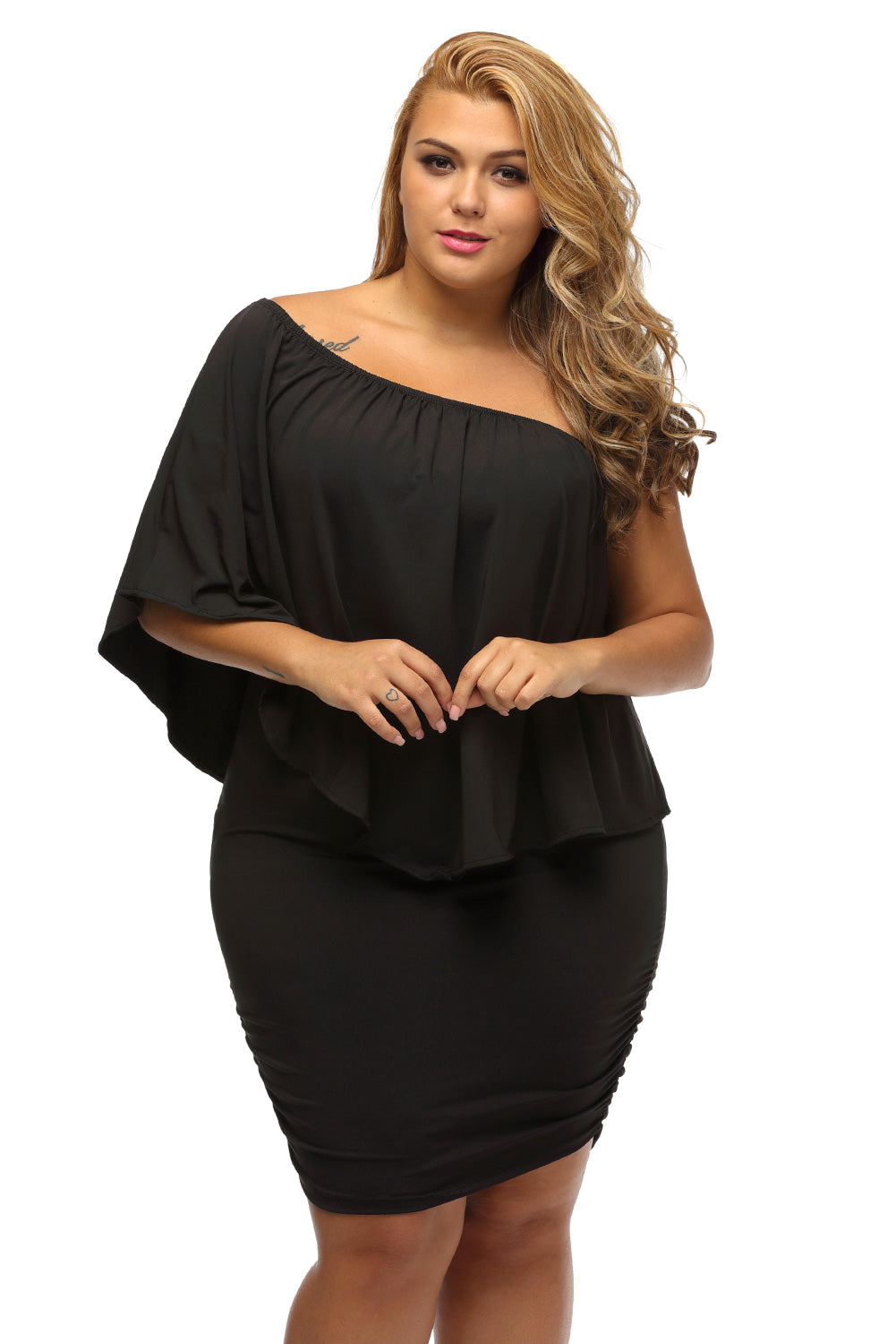 Plus size  Dressing Layered Black Mini Poncho Dress