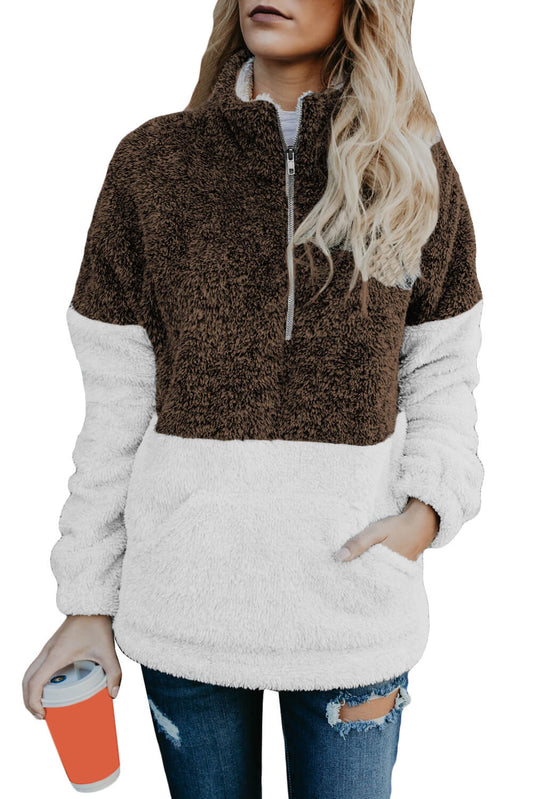 Brown Zip Neck Oversize Fluffy Fleece Pullover