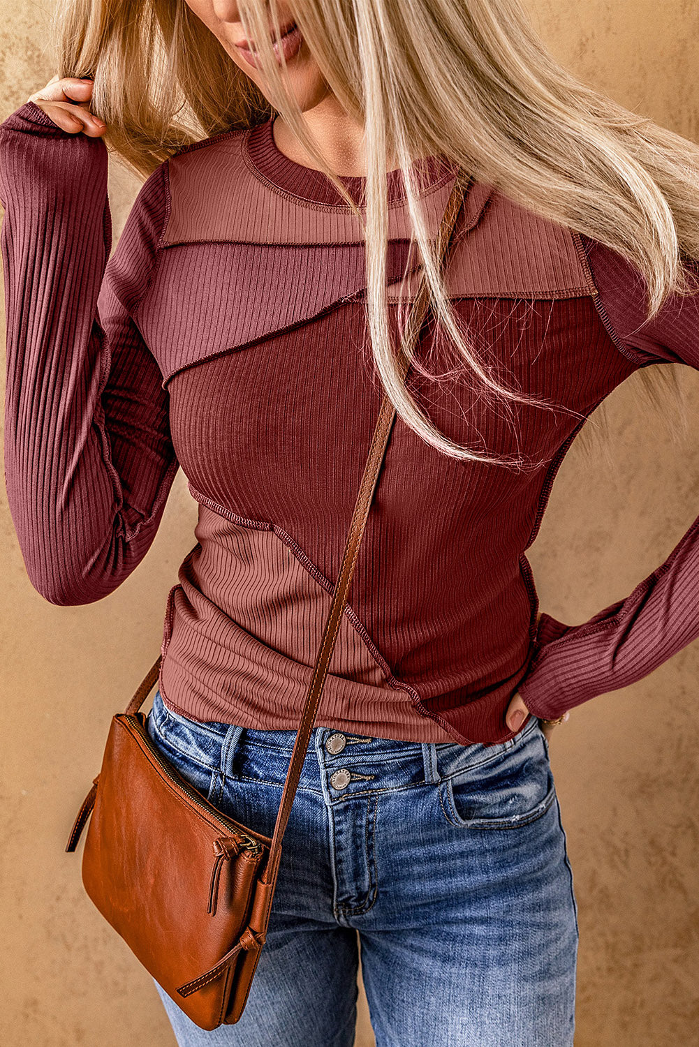 Fiery Red Expose Seam Color Block Ribbed Knit Top