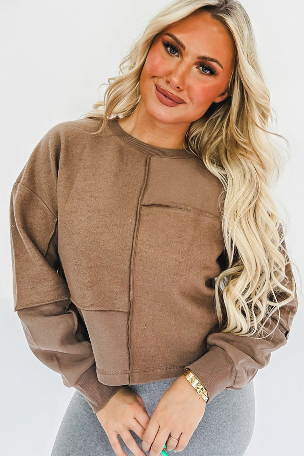 Coffee Solid Exposed Seam Pullover Sweatshirt