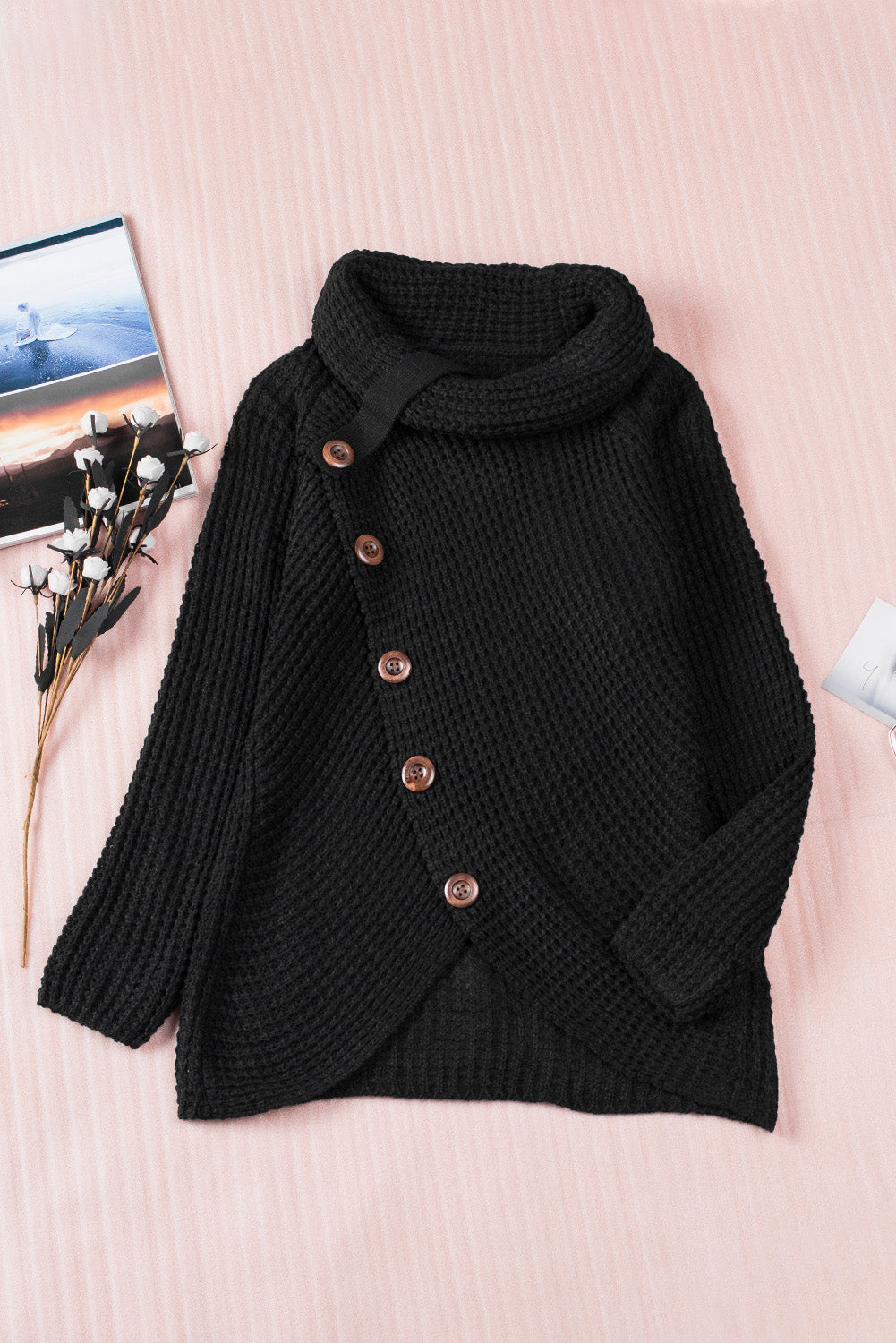 Black Buttoned Wrap Turtleneck Sweater