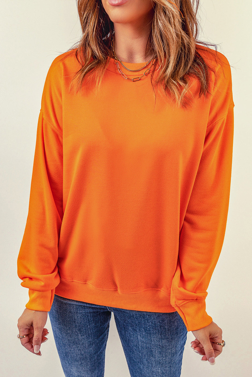 Orange Plain Crew Neck Pullover Sweatshirt
