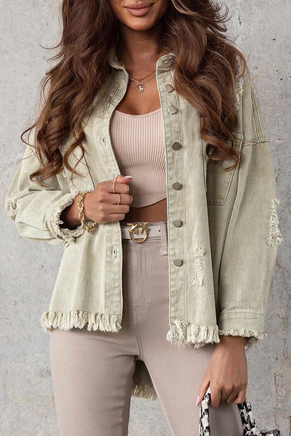 Green Distressed Fringe Trim Denim Jacket