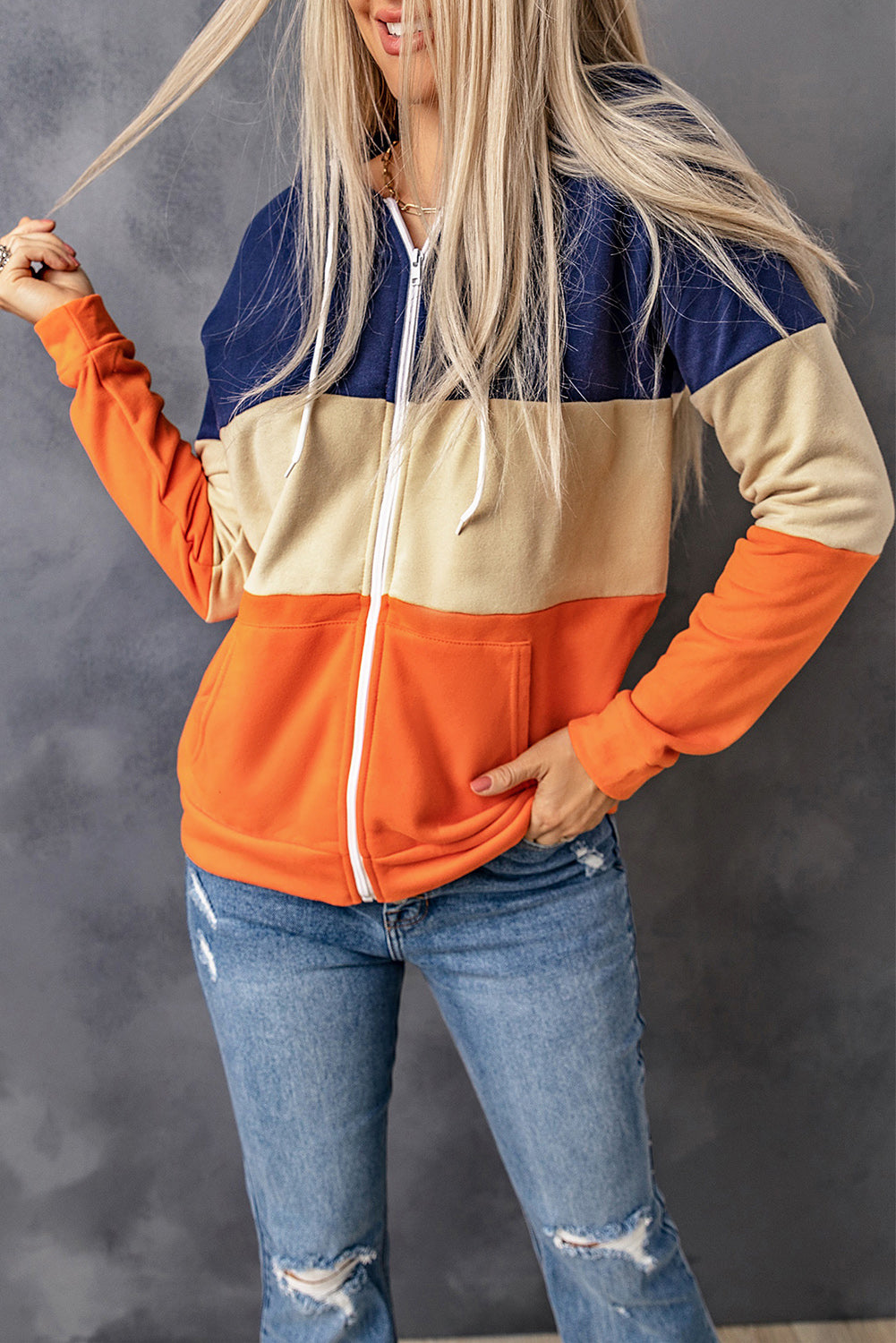 Orange Zip Front Color Block Splicing Drawstring Hoodie