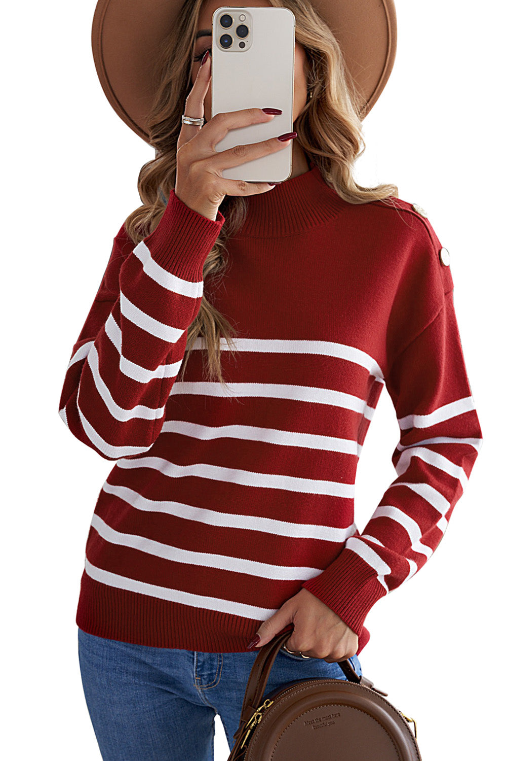Wine Striped Turtleneck Long Sleeve Sweater with Buttons