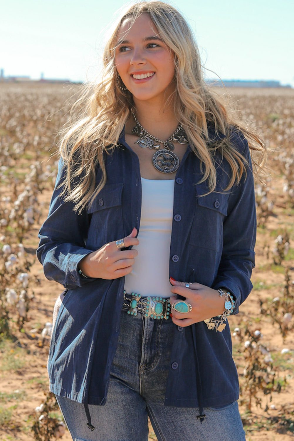 Blue Corduroy Cinched Aztec Back Jacket