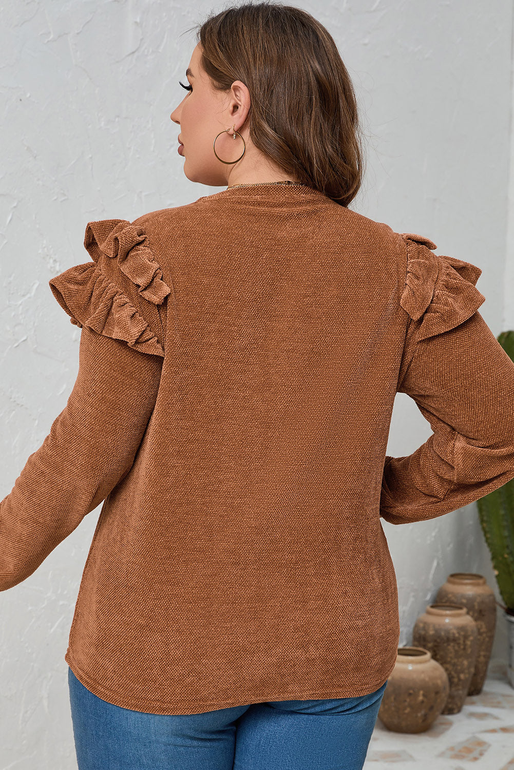 Brown Plus Size Solid Ruffled Tiered Long Sleeve Top