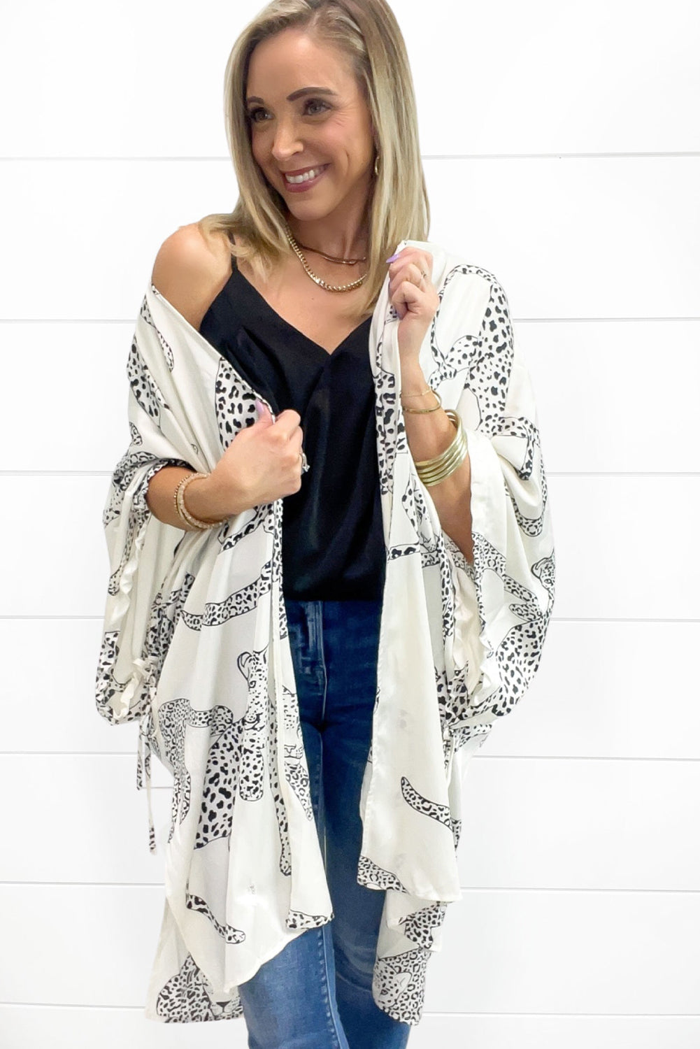 White Cheetah Print Loose Fit Open Front Kimono