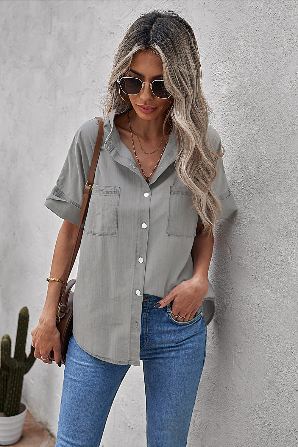 Turn-down Collar Short Sleeve Denim Shirt