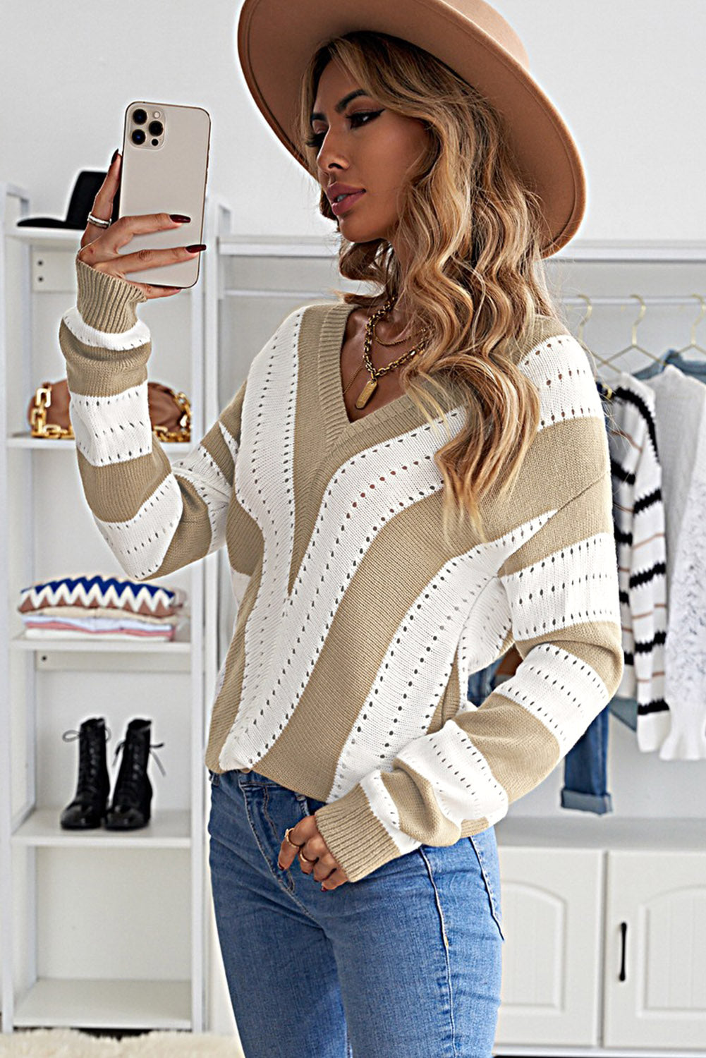 Khaki Striped Colorblock V Neck Knitted Sweater