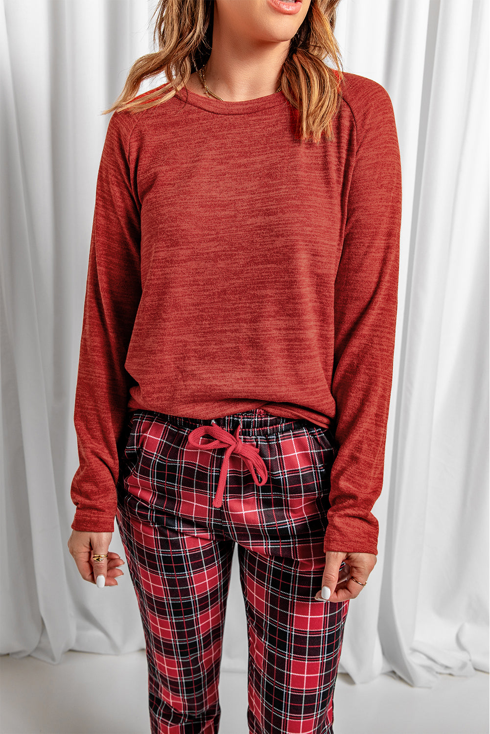 Solid Long Sleeve Top and Plaid Pants Loungewear