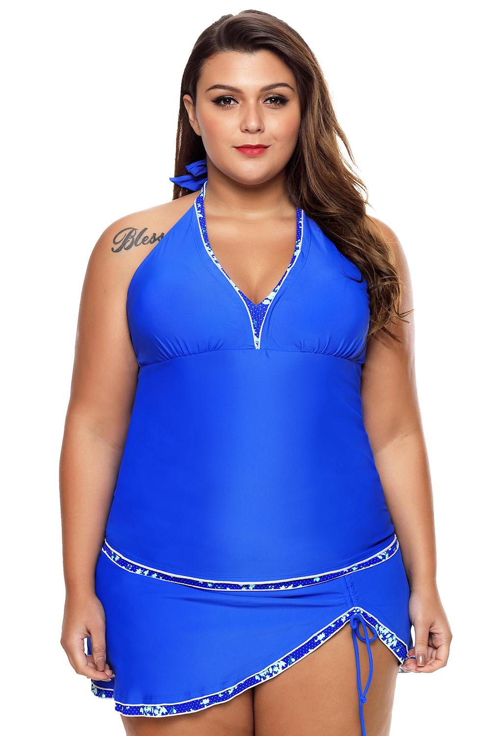 Sky Blue Contrast Trim Tankini Top with Swimsuit Skirt Tankini Set