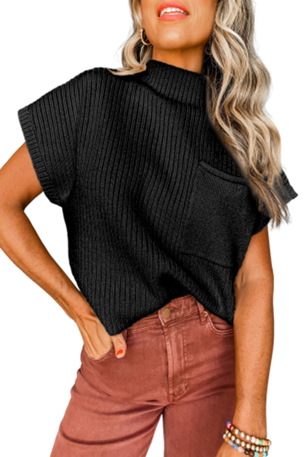 Black Patch Pocket Ribbed Knit Short Sleeve Sweater