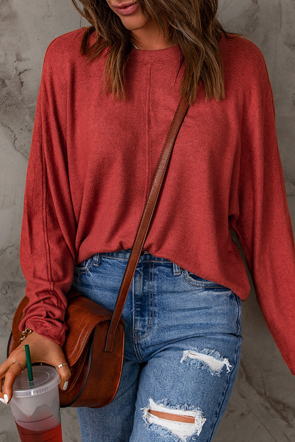 Fiery Red Solid Color Patchwork Long Sleeve Top