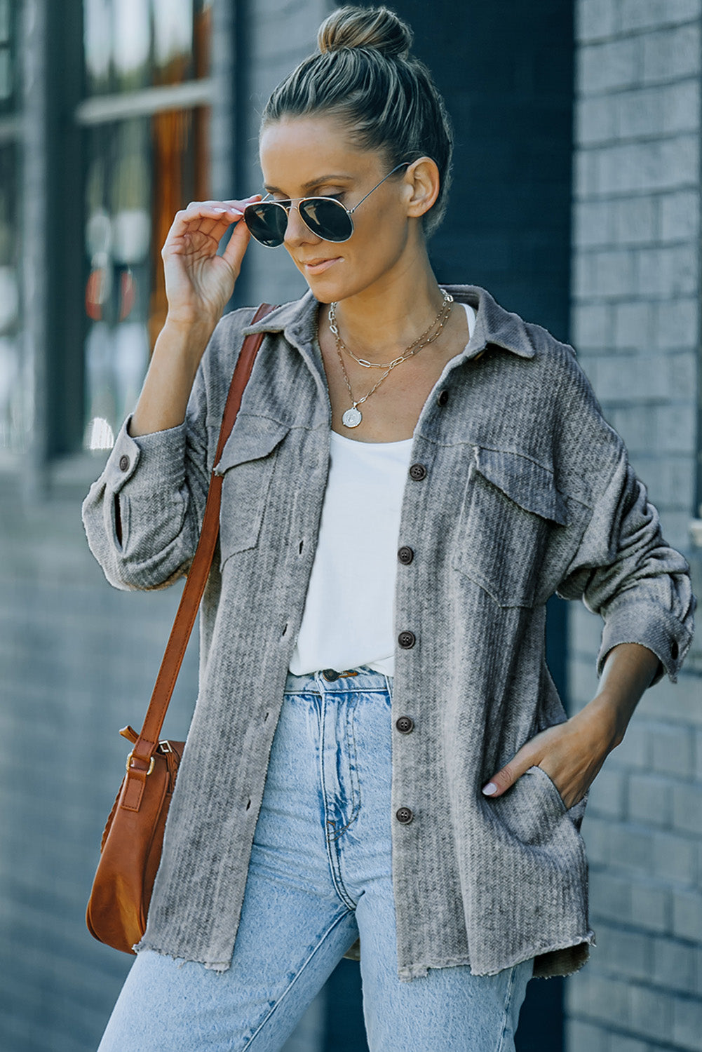 Gray Textured Button Down Shirt Jacket with Pockets