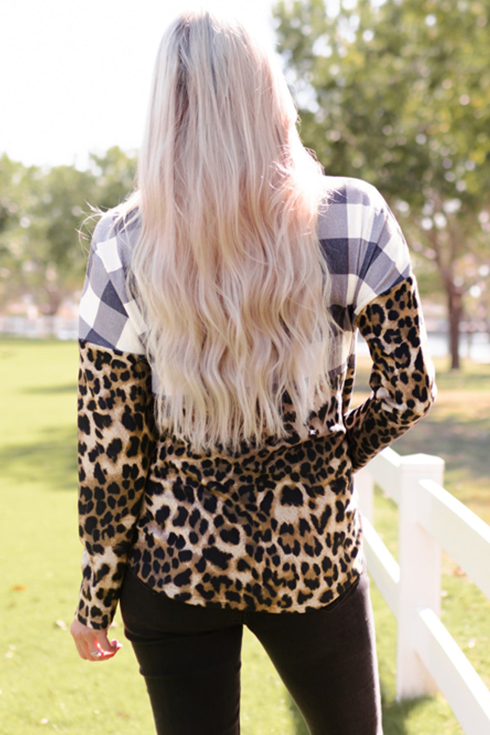 Leopard Plaid Patchwork Cowl Neck Sweatshirt