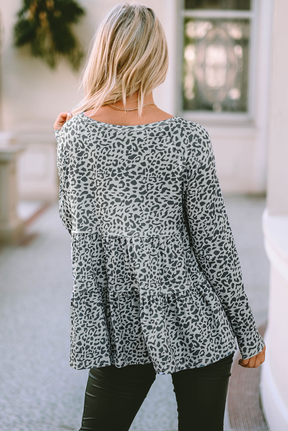 Leopard Print Long Sleeve Ruffled Babydoll Blouse