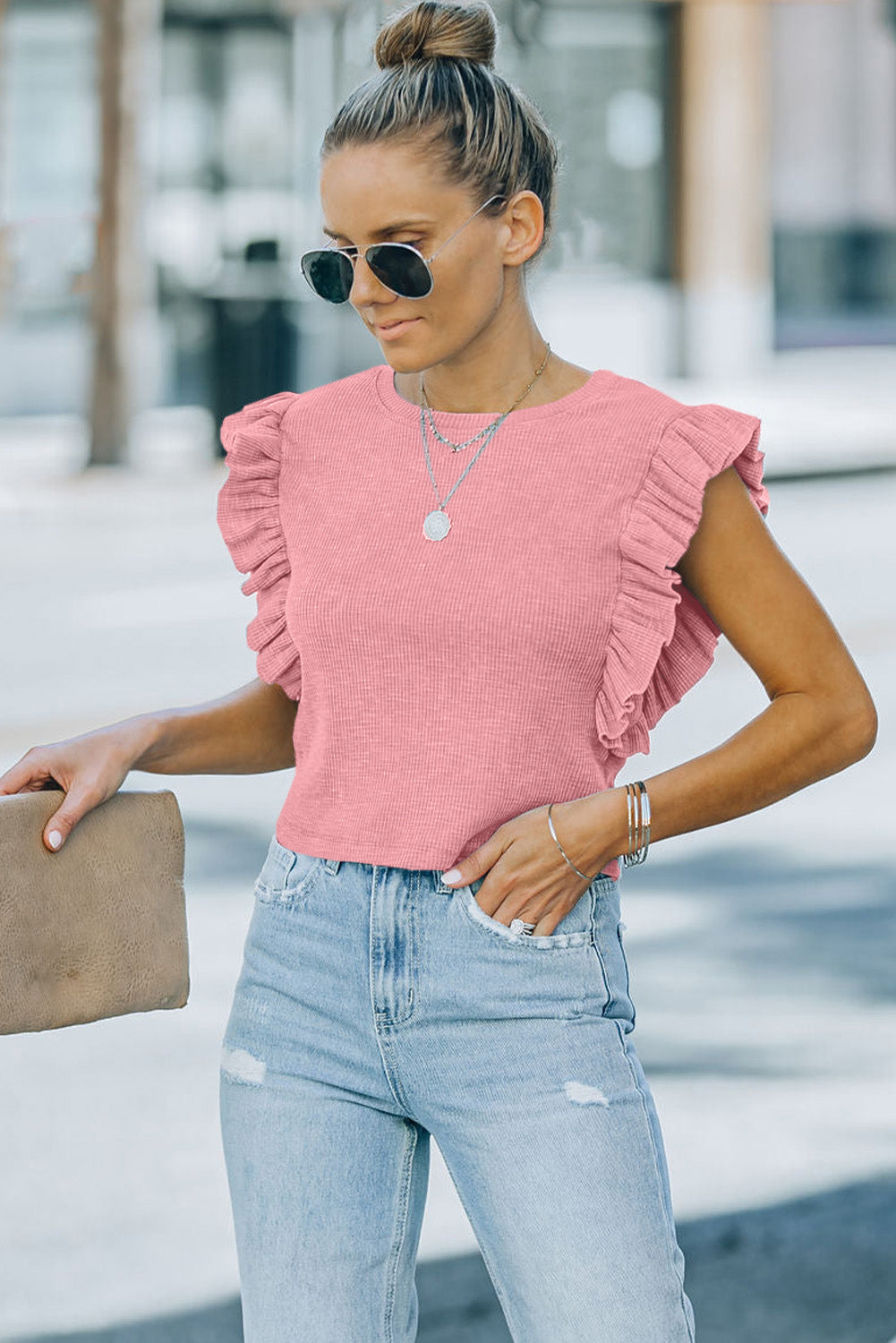 Pink Ruffled Crew Neck Crop Top