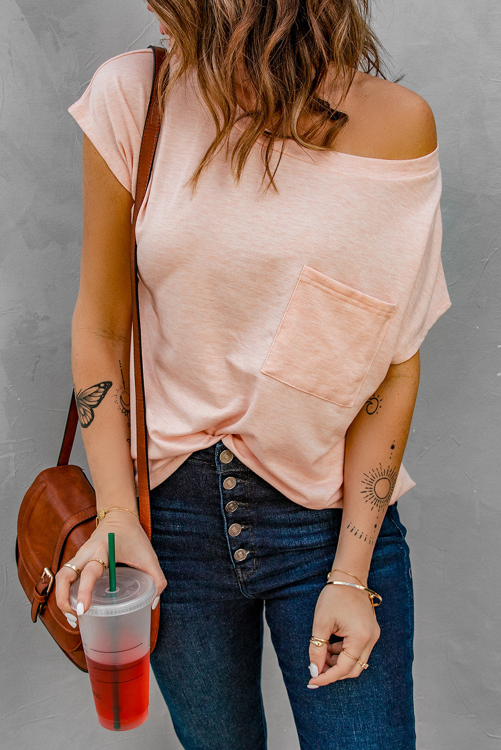 Pink Pocketed Tee with Side Slits