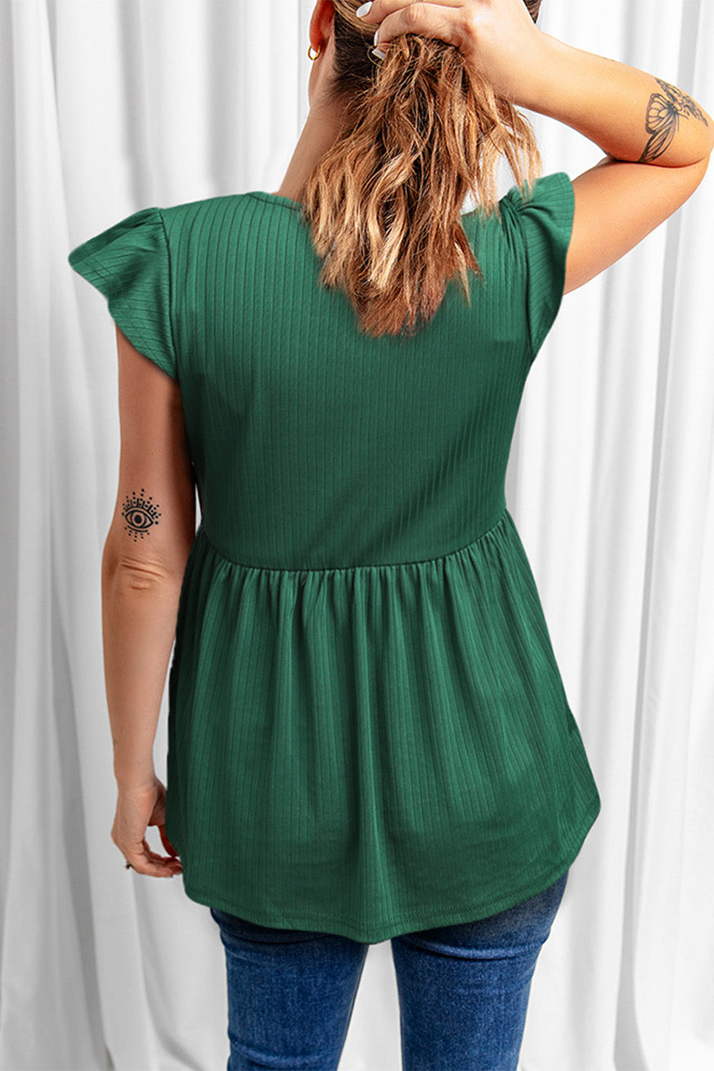 Green Ribbed Flounce Sleeve V Neck Babydoll Top