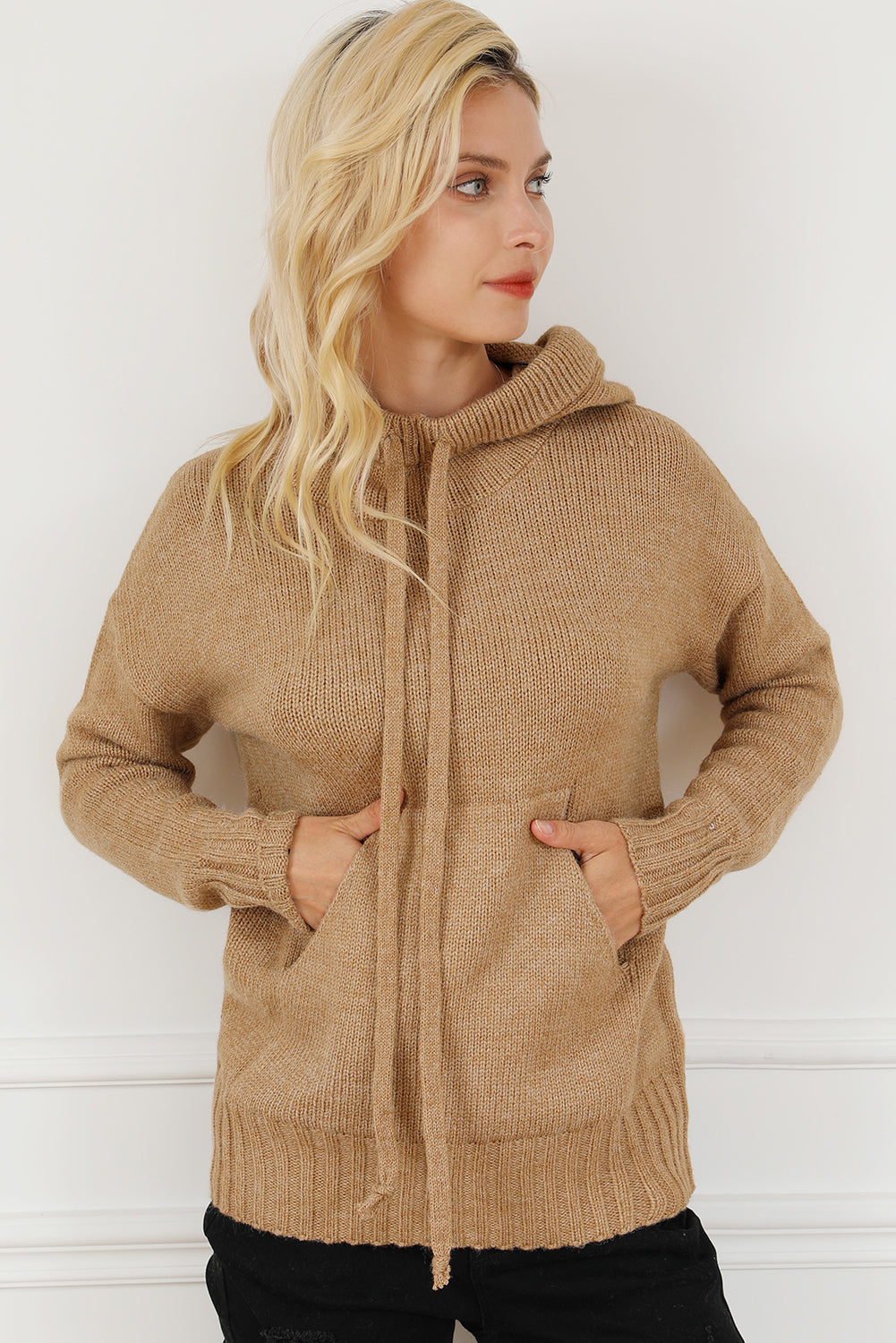 Brown Cowl Neck Drawstring Pullover Hooded Sweater