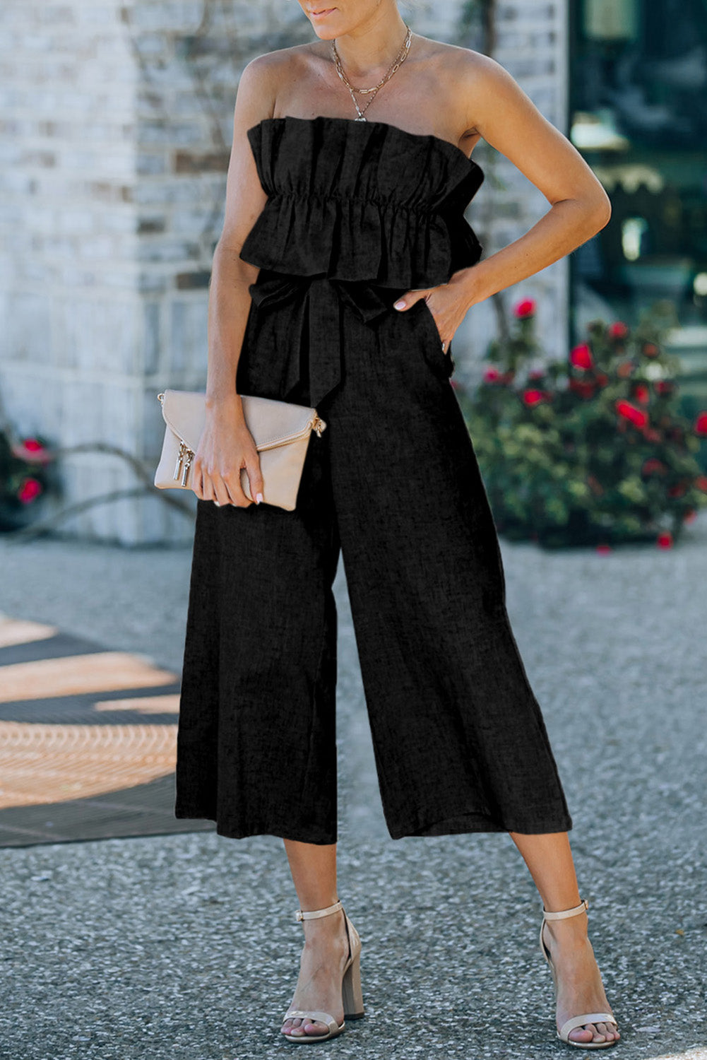 Black Ruffled Strapless Wide Leg Jumpsuit