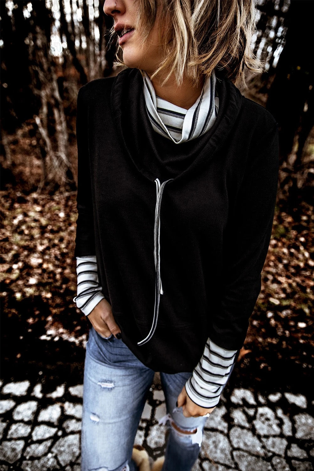 Striped Splicing High Neck Sweatshirt