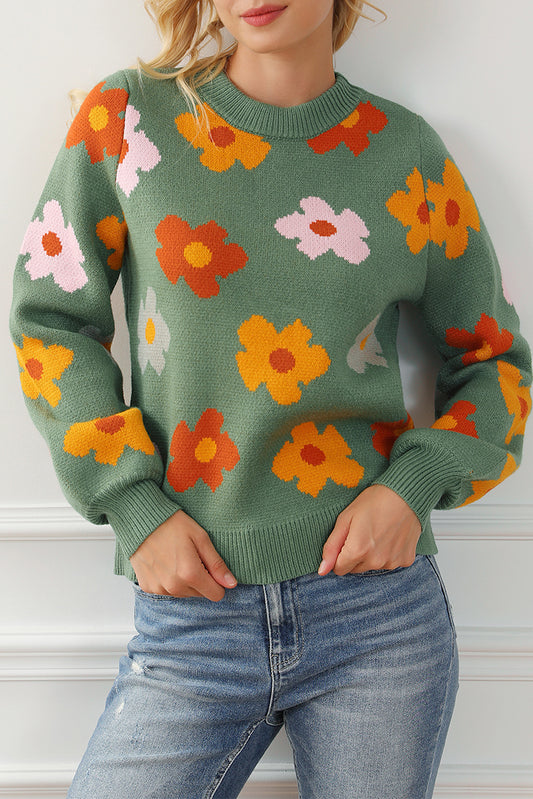 Green Sweet Flower Knitted Ribbed Hem Sweater