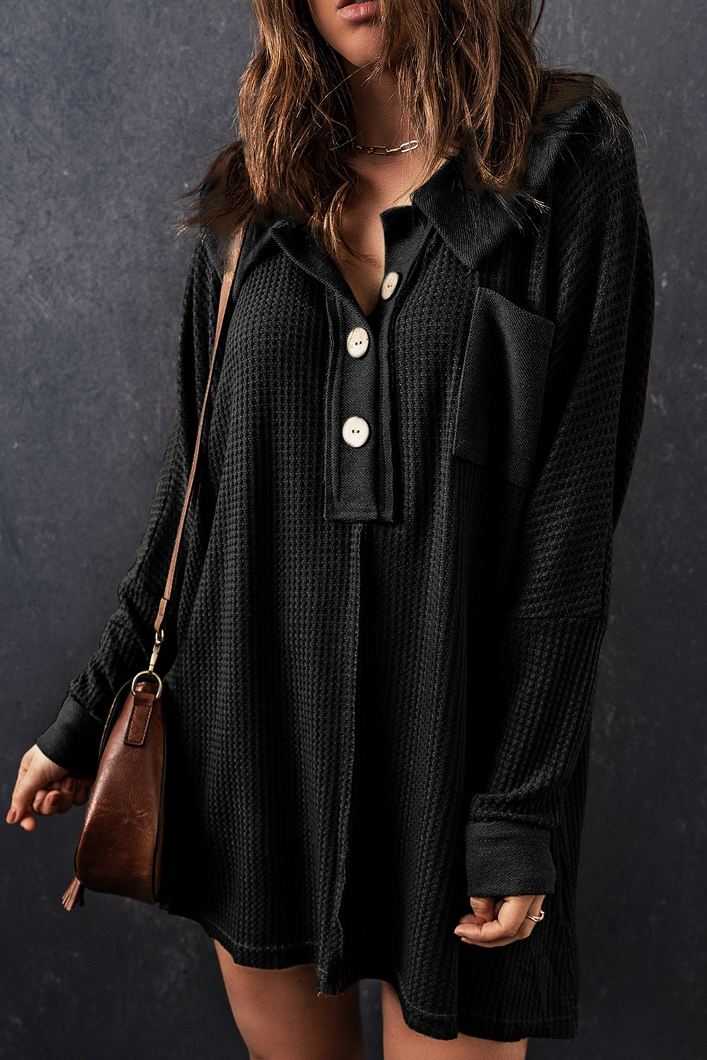 Black Waffle Knit Buttoned Long Sleeve Top