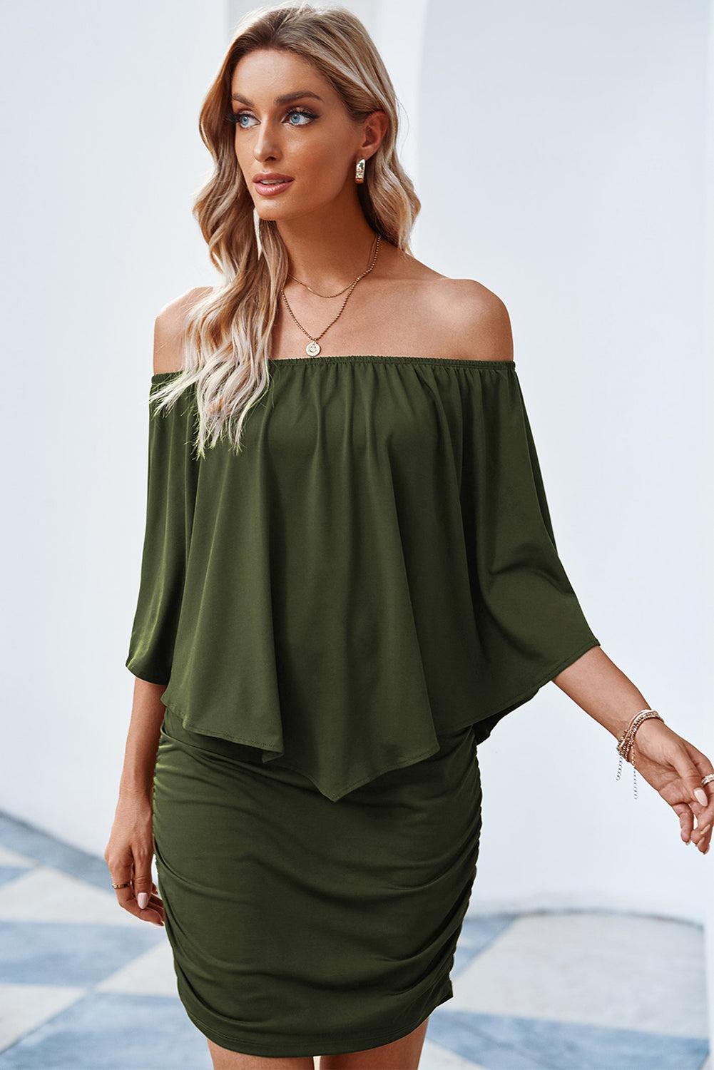 Dressing Layered Army Green Mini Poncho Dress